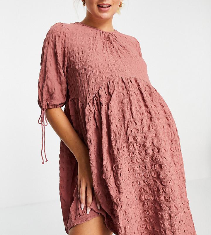 Asos Design Maternity Textured Mini Smock Dress With Ties In Pink