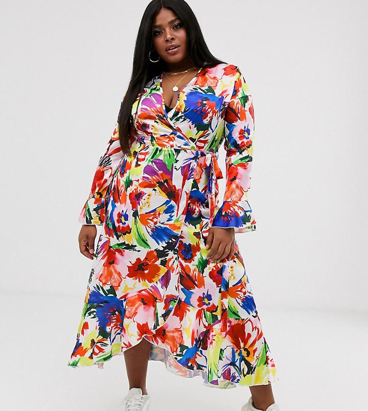 Liquorish Plus Wrap Front Midi Tea Dress In Floral Print-multi