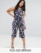 Club L Plus Culotte Jumpsuit In Artistic Floral Print - Navy