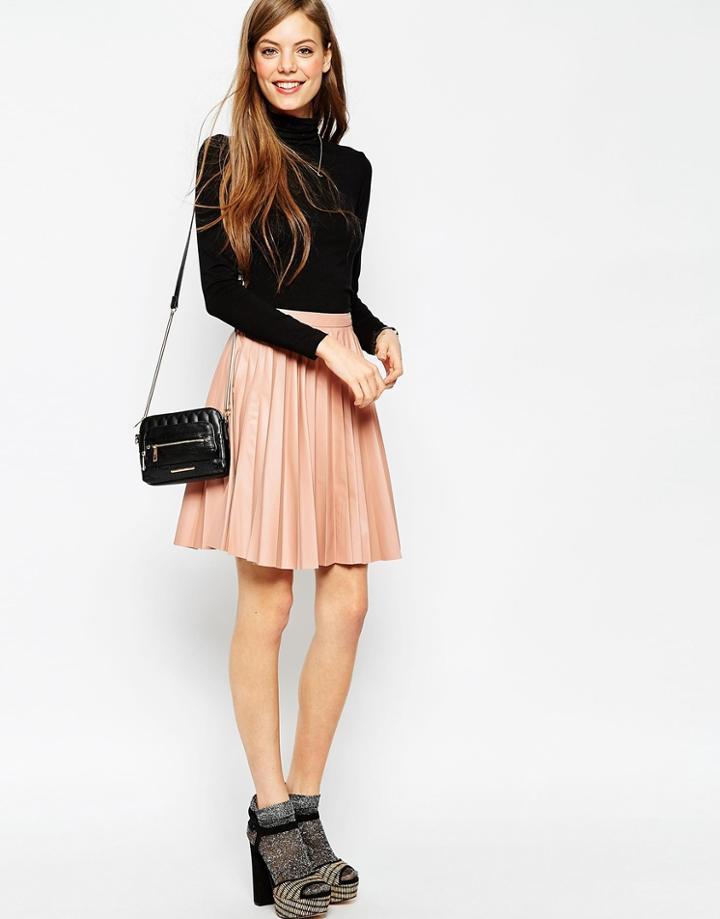 Asos Pleated Leather Look Skirt - Nude