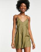 Asos Design V Neck Tie Shoulder Swing Romper In Khaki-green