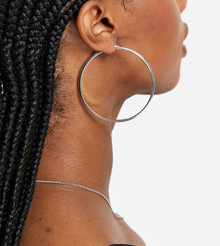 Asos Design 60mm Fine Hinge Hoop Earring In Silver Plate