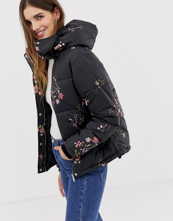 Qed London Floral Printed Padded Jacket - Black