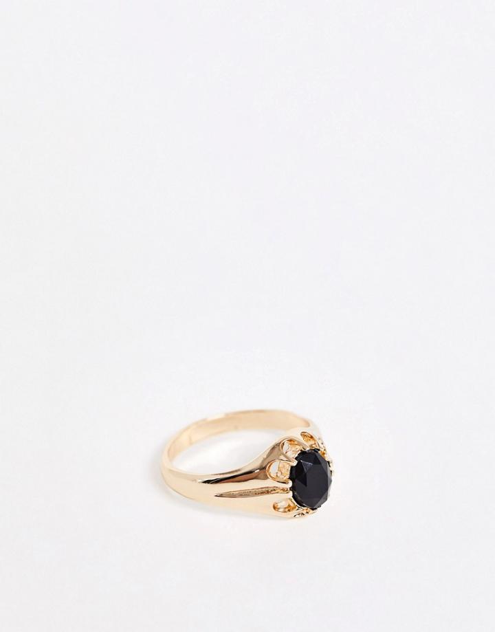 Chained & Able Band Ring With Black Stone In Gold