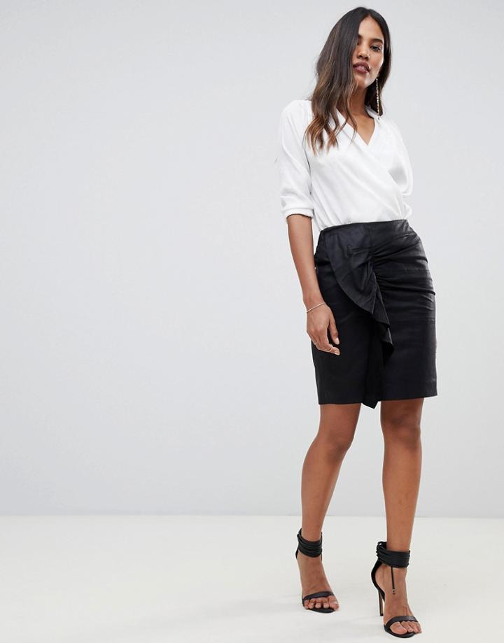 Y.a.s Ruched Detail Leather Mini Skirt - Black