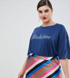 Neon Rose Plus Relaxed T-shirt With Boheme Print - Navy