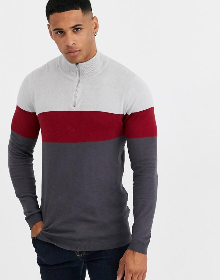 Asos Design Knitted Half Zip Sweater In Gray Stripe