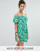 Asos Petite Bardot Off Shoulder Dress In Palm Print - Multi