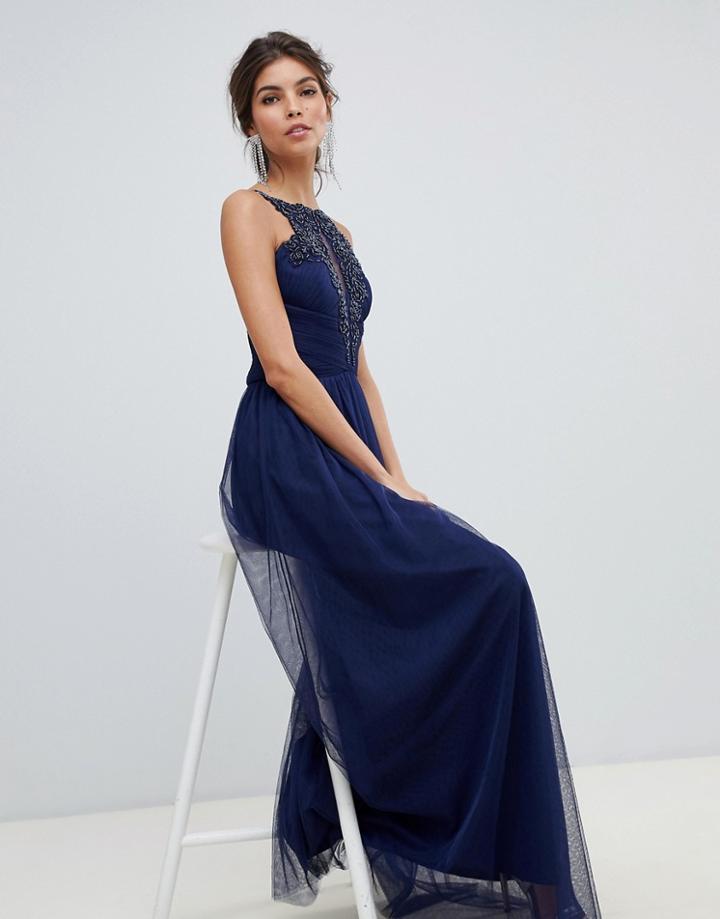 Little Mistress Beaded Embroidery Neckline And Gathered Waist Maxi Dress-navy