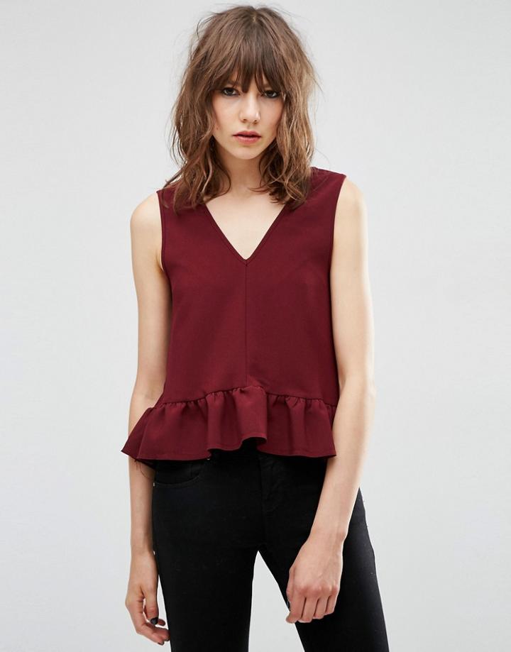 Asos Dip Hem Ruffle Tank With Raw Edge - Wine