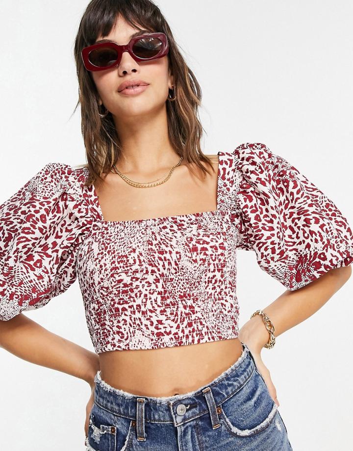River Island Animal Print Cropped Puff Sleeve Top In Red