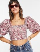 River Island Animal Print Cropped Puff Sleeve Top In Red