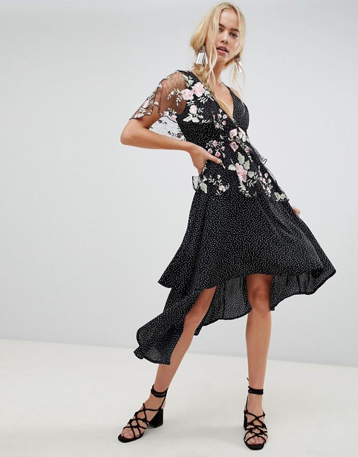 Asos Design Asymmetric Cami Midi Dress In Spot And Floral Lace-multi