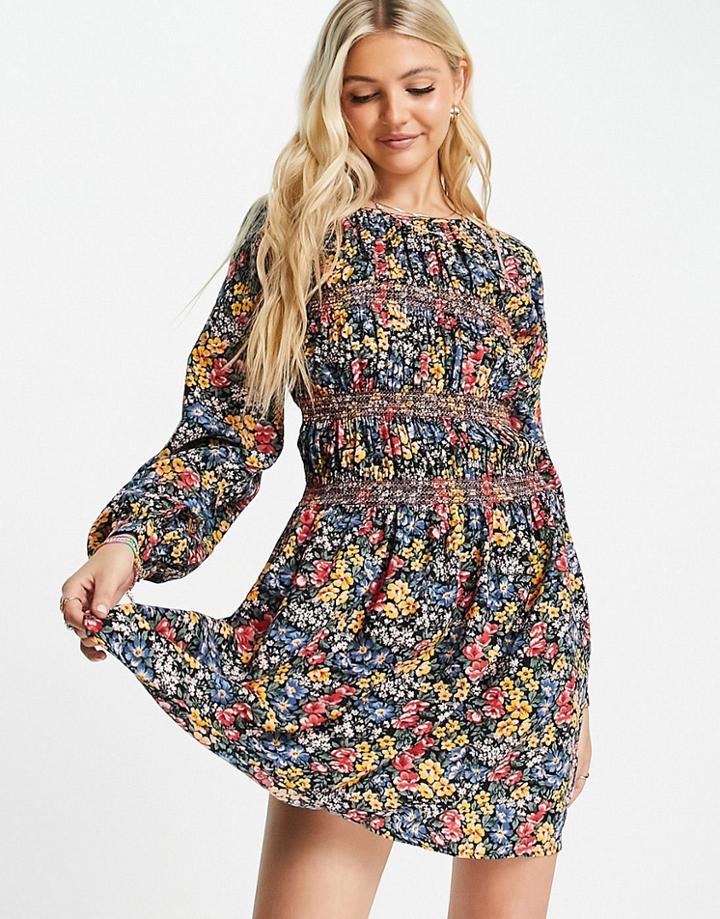 Asos Design Long Sleeve Shirred Mini Dress In Black Floral Print-multi
