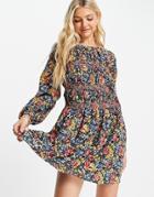 Asos Design Long Sleeve Shirred Mini Dress In Black Floral Print-multi