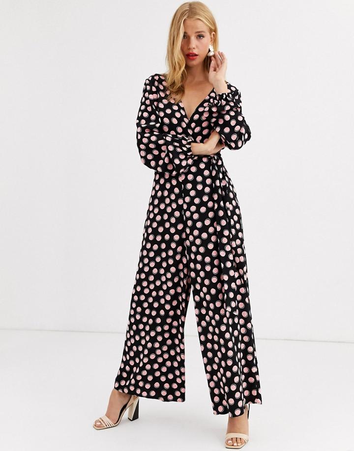 Asos Design Wrap Tie Jumpsuit In Pink Polka Dot-multi