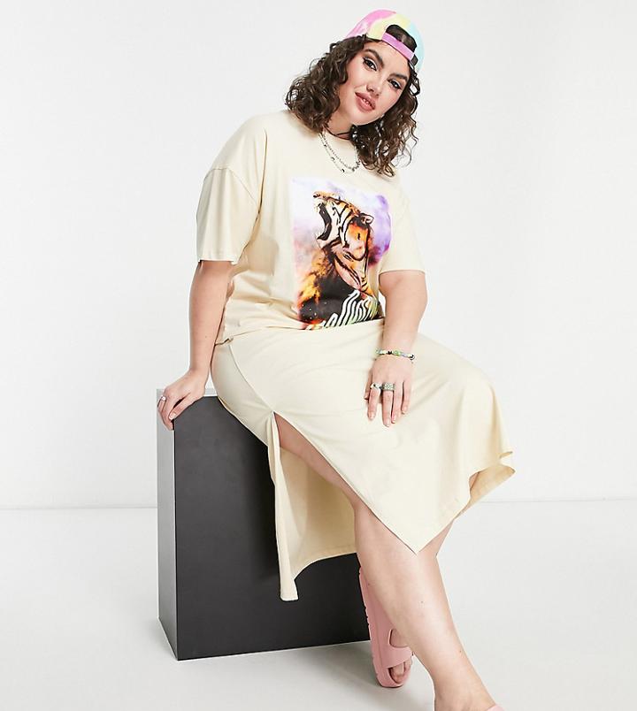Collusion Plus Cheetah Print Midi T-shirt Dress In Beige-neutral
