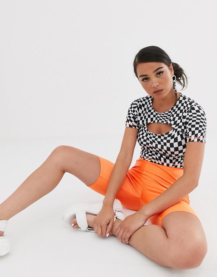 Asos Design Fitted Top In Checkboard With Cutout And Contrast Stitch - Black