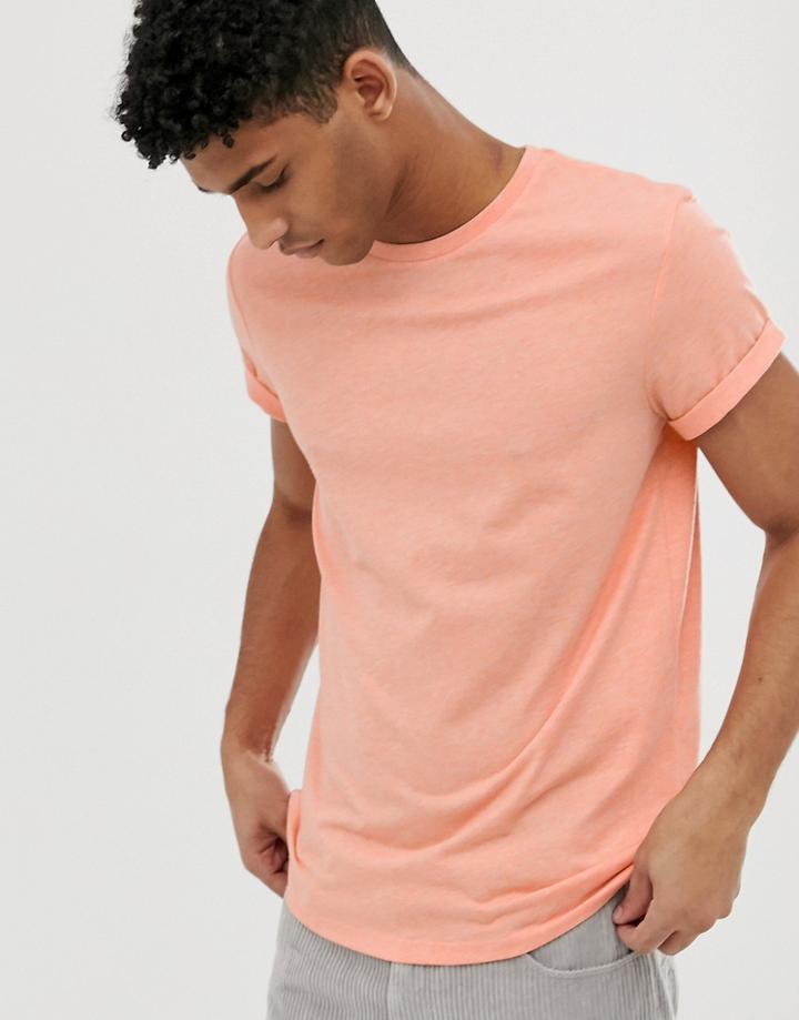 Asos Design T-shirt With Crew Neck And Roll Sleeve In Pink Marl - Pink