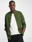 Asos Design Slim Oxford Shirt With Grandad Collar In Dark Khaki-green