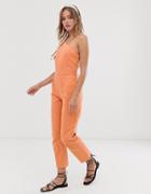 Asos Design Denim One Shoulder Jumpsuit In Washed Coral-orange