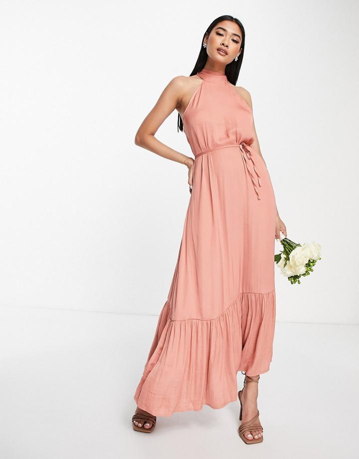 Vila Bridesmaid Satin Halter Neck Dress With Tie Waist In Coral Pink-orange