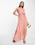 Vila Bridesmaid Satin Halter Neck Dress With Tie Waist In Coral Pink-orange