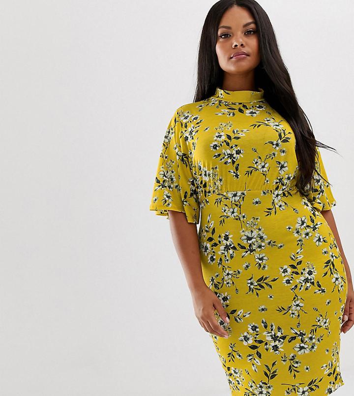 Pink Clove High Neck Midi Dress With Flutter Sleeves In Vintage Floral - Yellow
