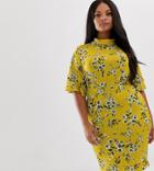 Pink Clove High Neck Midi Dress With Flutter Sleeves In Vintage Floral - Yellow