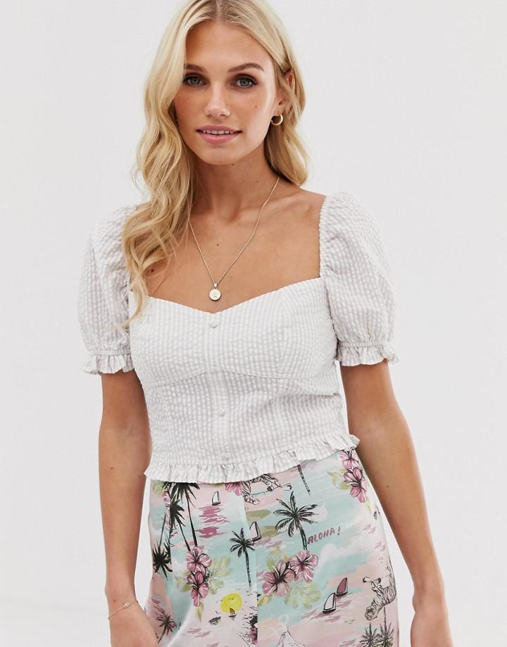 Stradivarius Seersucker Sweetheart Neck Blouse In White - Beige