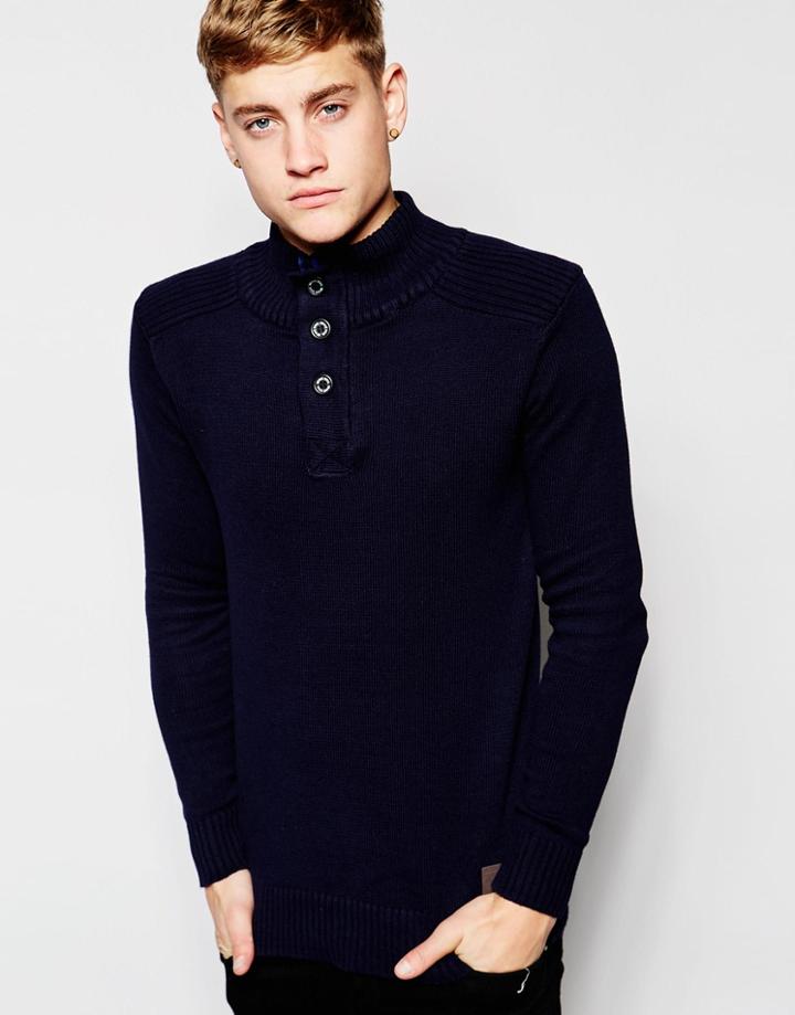 Brave Soul Button Neck Sweater - Navy