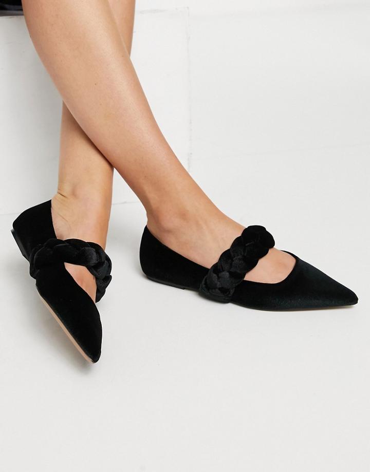 Asos Design Liberty Plaited Mary Jane Pointed Ballet Flats In Black Velvet