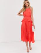 Asos Design Pleated Halter Neck Midi Dress With Frill Waist - Pink