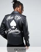 Reclaimed Vintage Inspired Leather Jacket With Back Print And Charm - Black