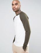 Asos Long Sleeve Muscle T-shirt With Contrast Raglan Sleeves In White/green - Multi