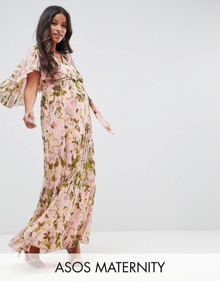 Asos Maternity Pleated Flutter Sleeve Maxi Dress In Floral Print - Multi