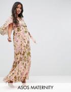 Asos Maternity Pleated Flutter Sleeve Maxi Dress In Floral Print - Multi