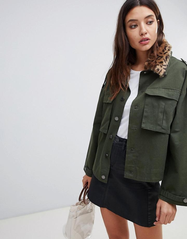 Blank Nyc Utility Jacket With Leopard Print Collar - Green