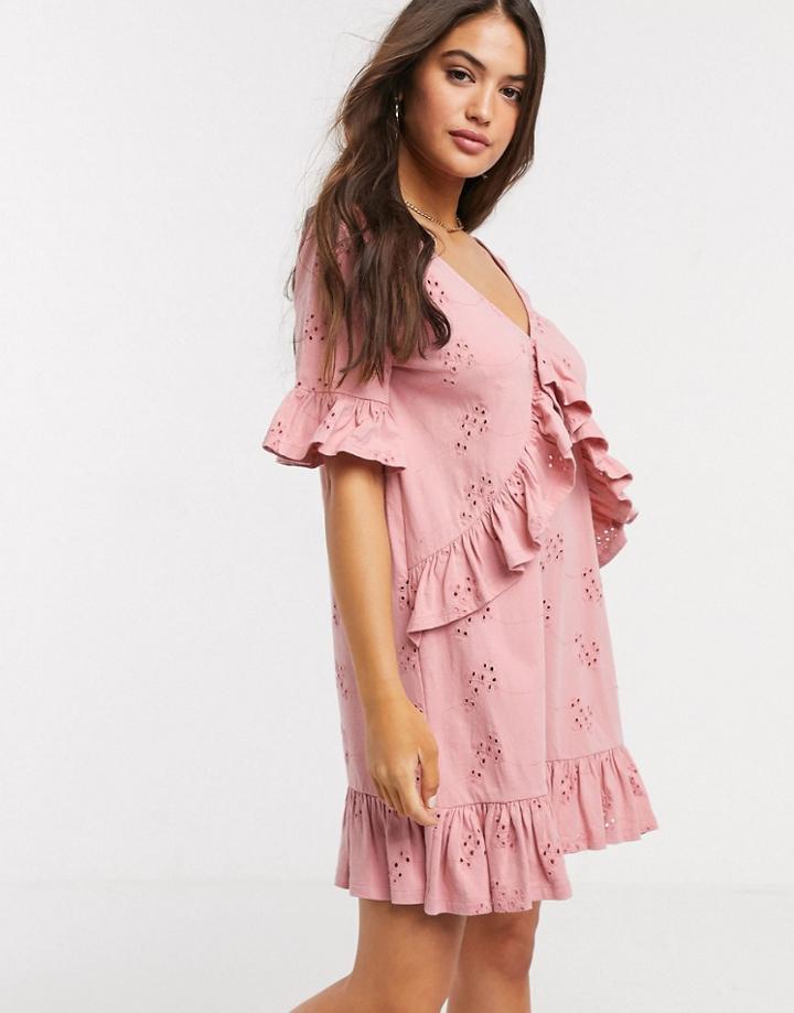 Asos Design Broderie V Frill Front Smock Mini Dress In Rose-pink