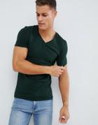 Asos Design Muscle Fit-shirt With V Neck In Khaki - Green