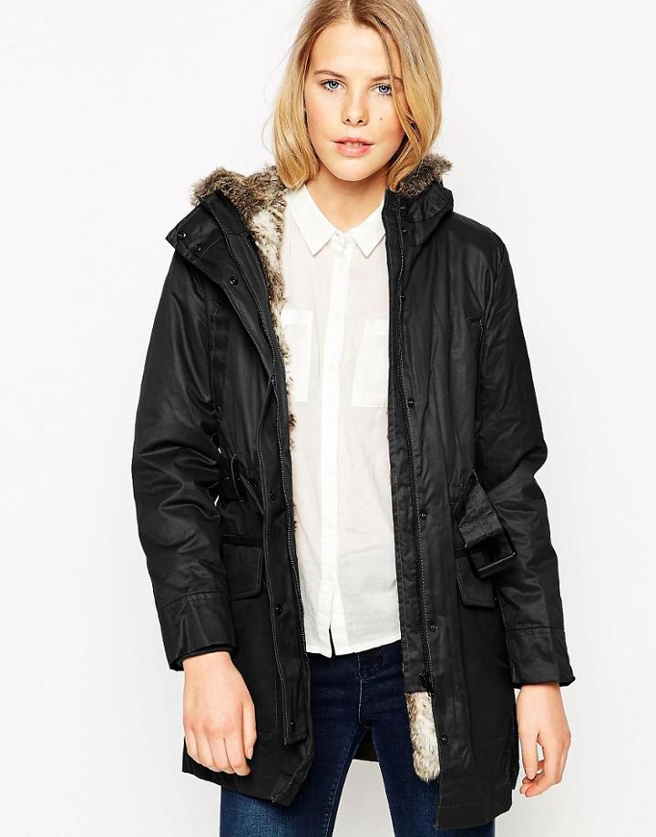 Mango Coated Hooded Parka With Detachable Faux Fur Lining - Black