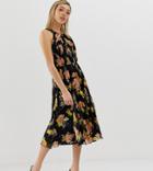 Asos Design Petite Pleated Bodice Halter Midi Dress In Floral Print - Multi