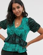 River Island Frill Layer Blouse In Green Print