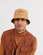Asos Design Bucket Hat In Camel With Dark Brown Embroidery