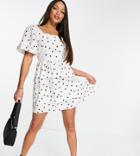 Influence Tall Puff Sleeve Cotton Poplin Mini Dress In Polka Dot-white