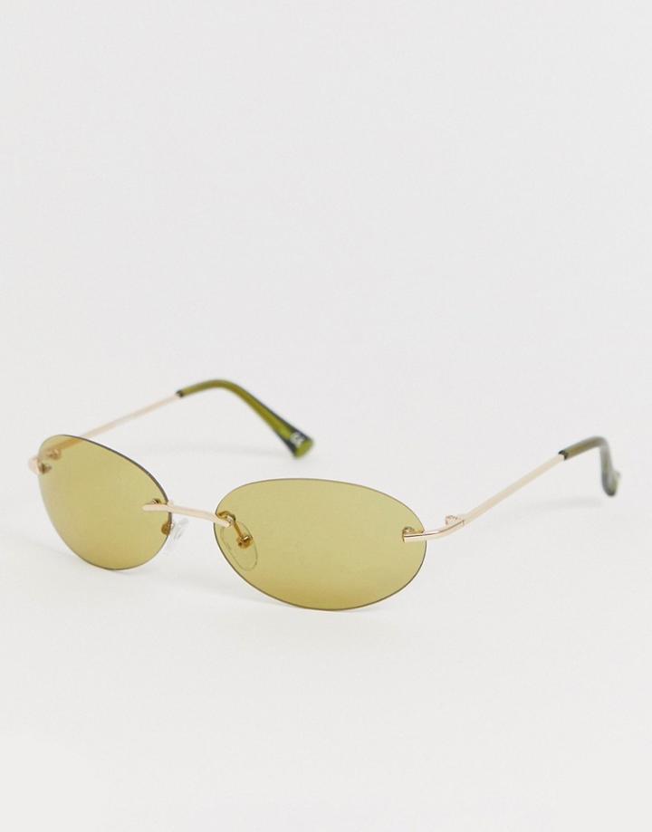 Asos Design Oval Rimless Sunglasses With Olive Lenses - Green