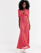 Asos Design Short Sleeve Shirt Maxi Dress In Ditsy Print-red