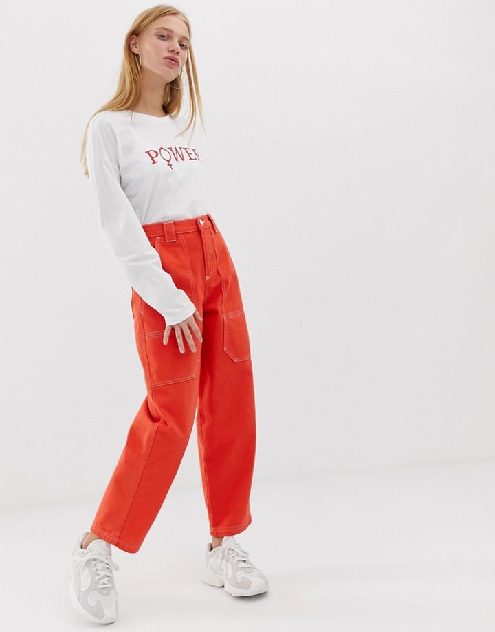 Asos Design Carpenter Boyfriend Jeans In Orange With Contrast Stitch Detail - Orange