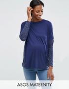 Asos Maternity Long Sleeve T-shirt In Linen Mix - Navy