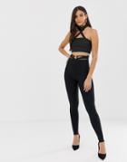 The Girlcode Bandage High Waist Pants With Cut Out Belt Detail In Black - Black